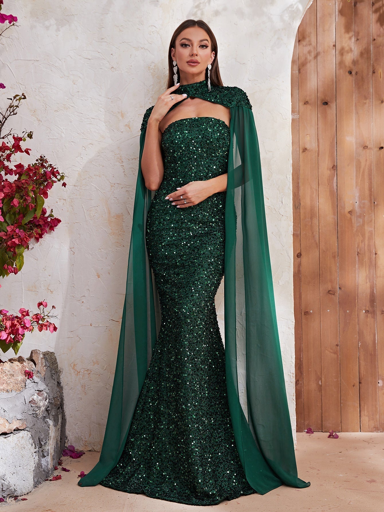 Popular Evening Dress Heavy Embroidery Sequ Halter Chiffon Long Sleeve Dress Fishtail Dress