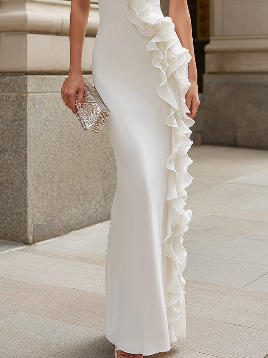 Halter Neck Ruffle Trim Maxi Dress