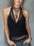 sheenchic Vacation Black Halter Collar Cut Out Boho Tulle Tank Tops [Pre-Order]