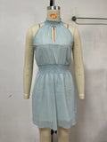 Refreshing Stylish Halter Off-the-Shoulder Tight Waist A- line Short Dress