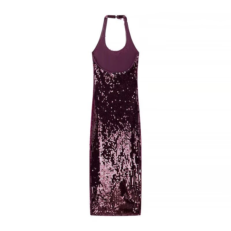 Fall Simple Thin Slim Fit Halter Sequ Dress