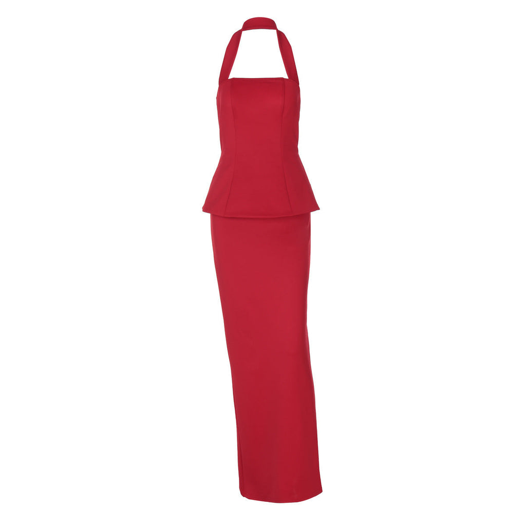 Solid Color Halter Top Backless Slim Fit Maxi Dress Two Piece Set