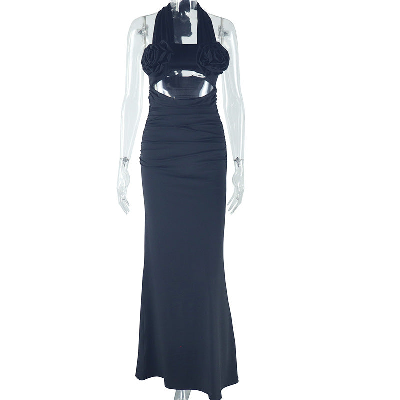 Sweet Fresh Halter Three Dimensional Floral Decoration High Waist One Step Dress Maxi Dress