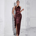 Solid Color Halter Diagonal Collar Dress Waist Fold Split Dress