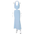 Low Cut V neck Halter Faux Two Pieces Backless Lace up Dress