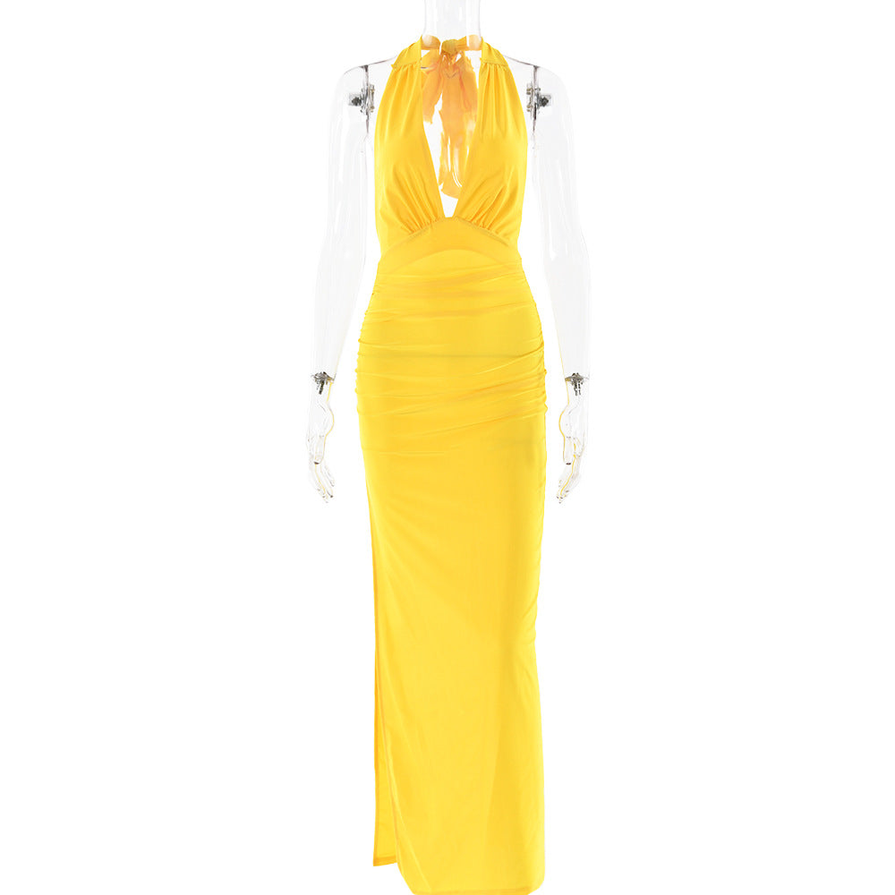 V neck Halter Backless Dress Solid Color Split Dress