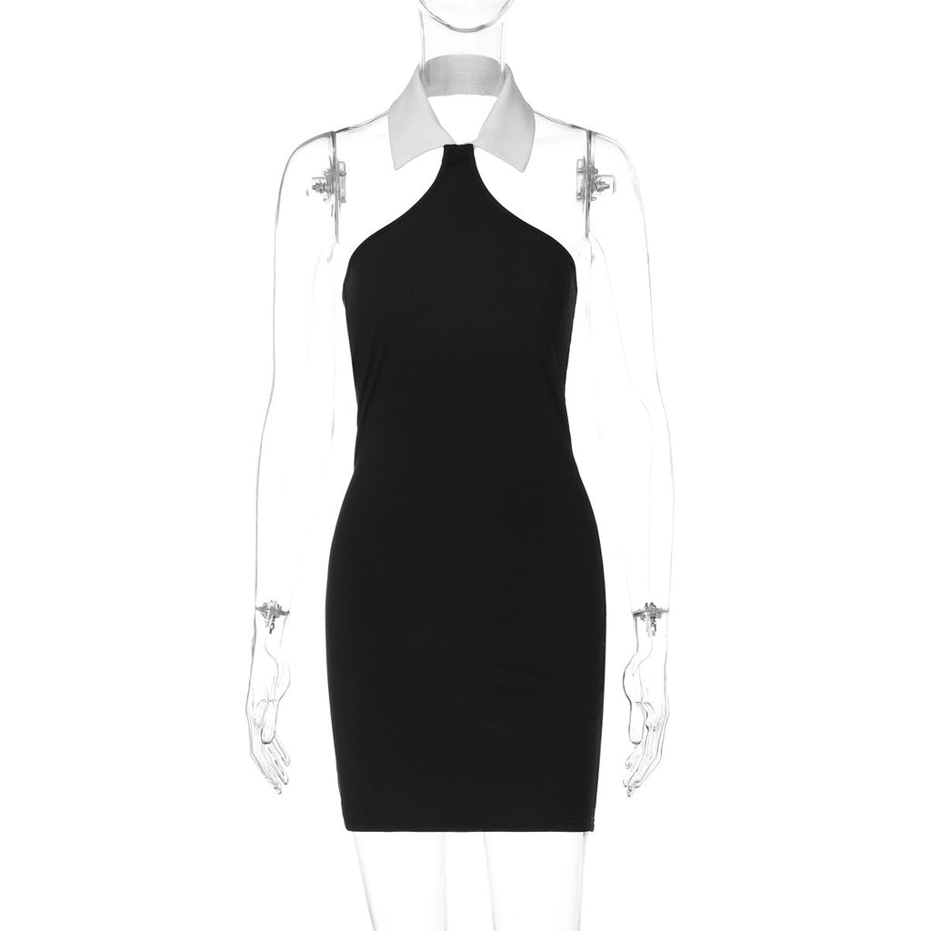 Shirt Collar Halter Backless Slim Fit Hip Bag Dress