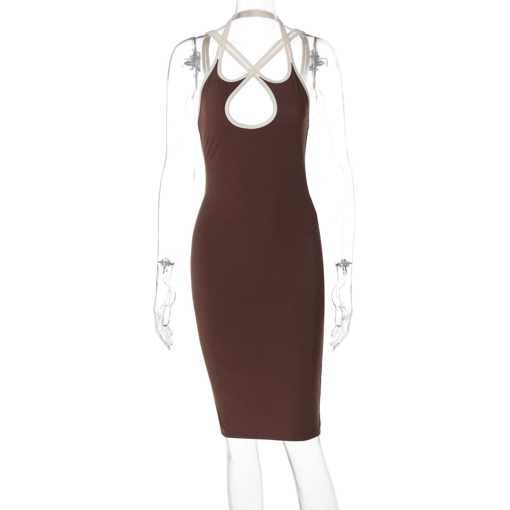 Contrast Color Hollow Out Cutout Slim Fit Dress Halter Backless Lace up Hip