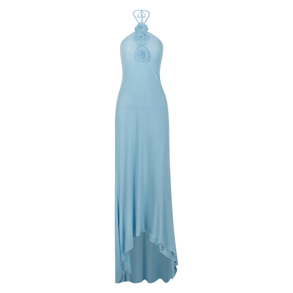 Mesh Halter Floral Backless Dress Mop Evening Dress Halter Dress Sweet Spicy