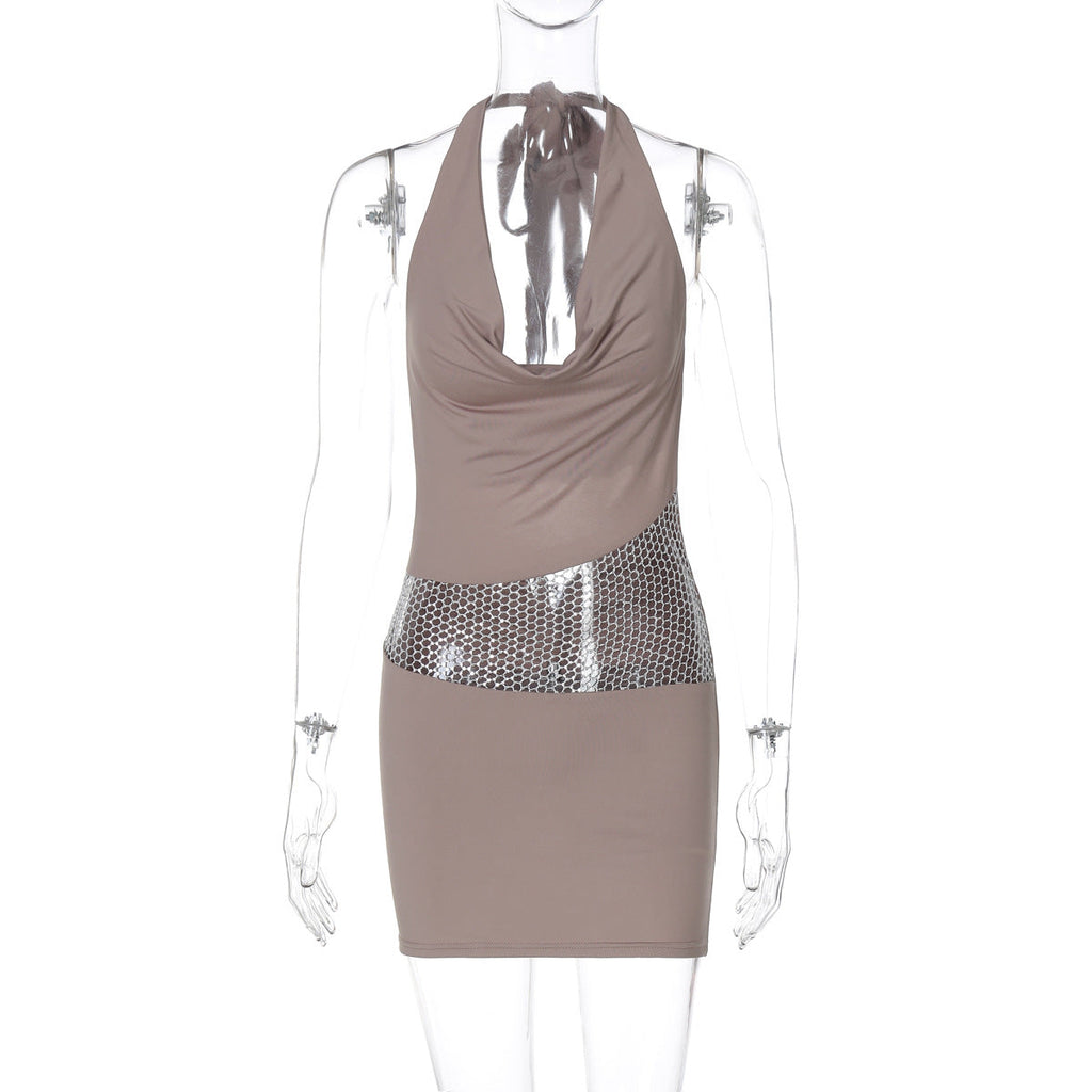 Backless Hollow Out Cutout out Stitching Halter Dress