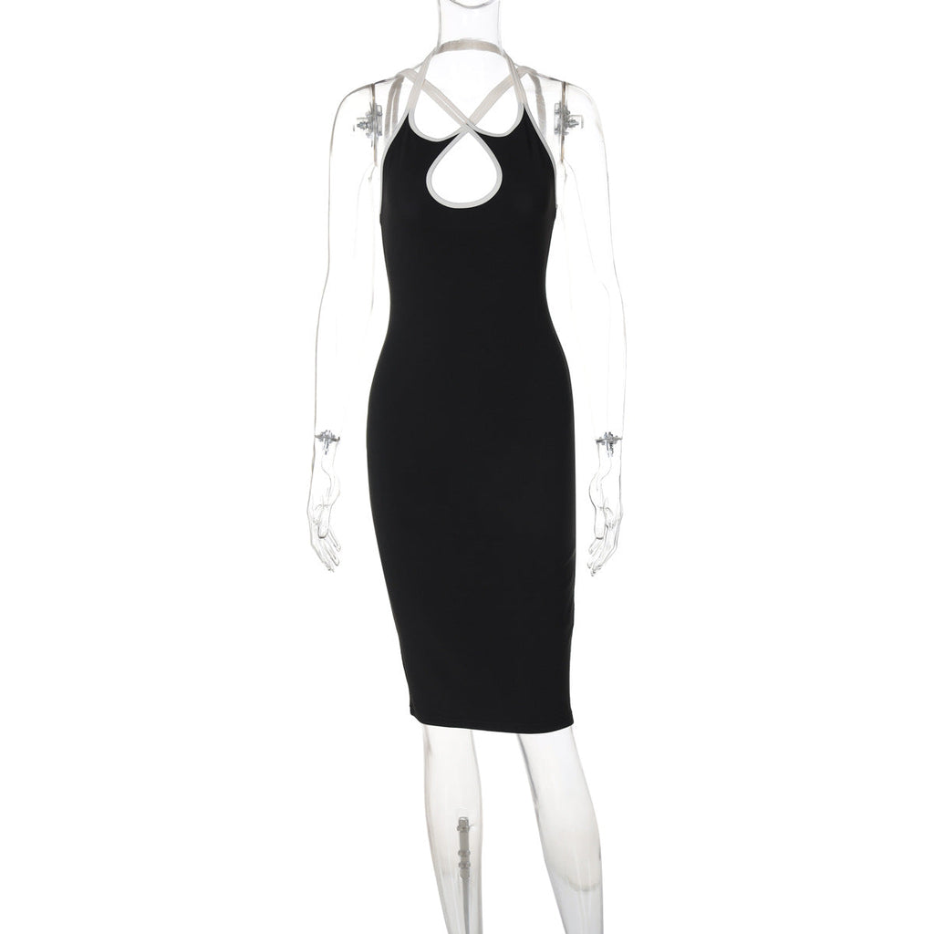Contrast Color Hollow Out Cutout Slim Fit Dress Halter Backless Lace up Hip