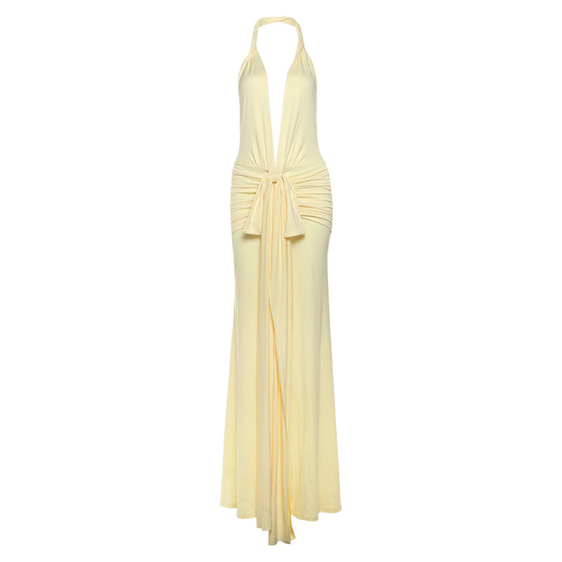 Backless Halter Deep V Plunge neck Solid Color Split