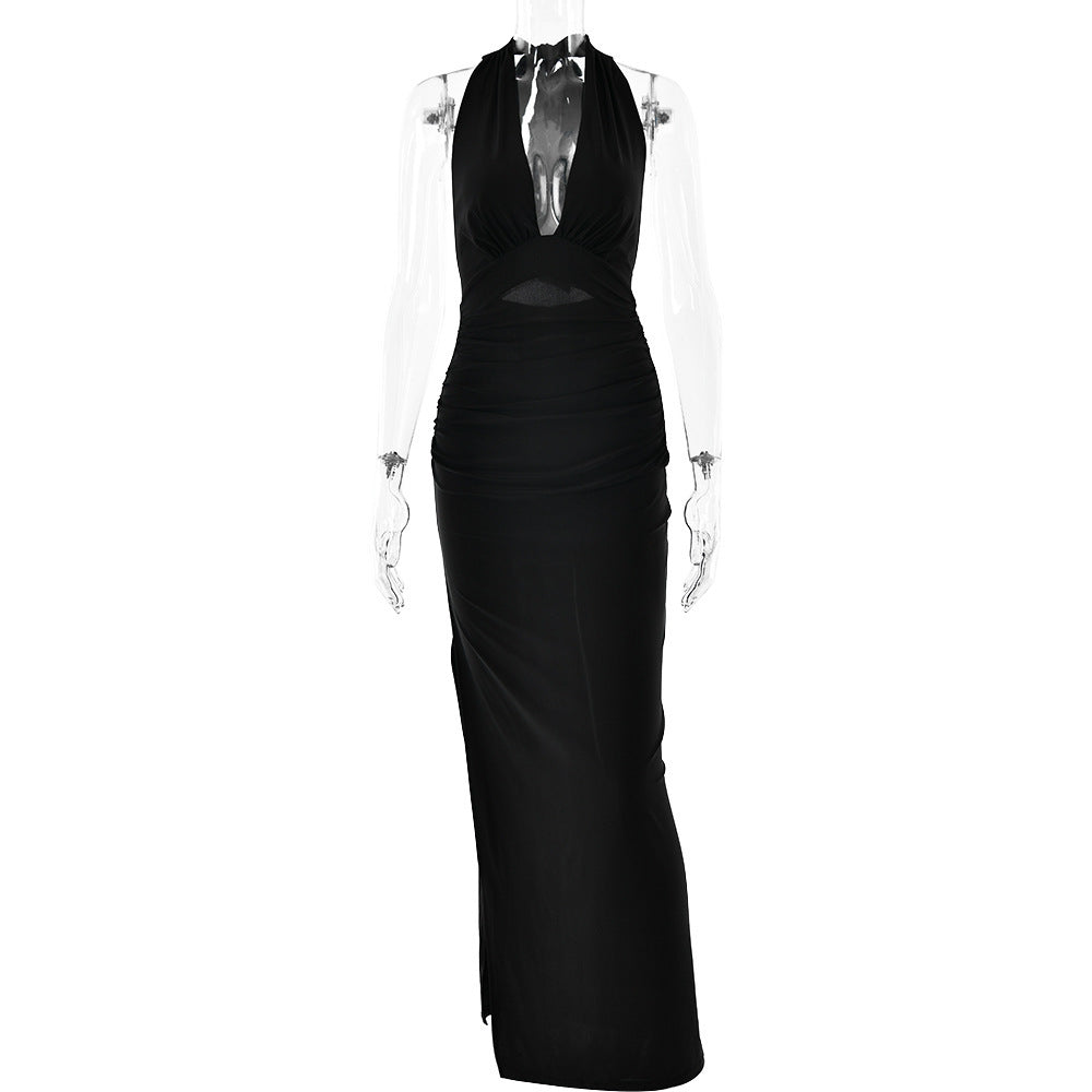 V neck Halter Backless Dress Solid Color Split Dress