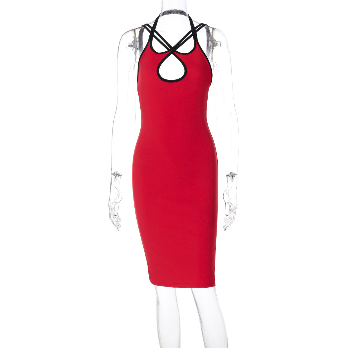 Contrast Color Hollow Out Cutout Slim Fit Dress Halter Backless Lace up Hip