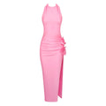 Fall Pink Halter Three Dimensional Floral Dress Beach Runway Stretch Slim Fit