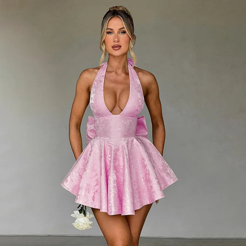 Women's Bow Deep V Halter Backless A-line Dress