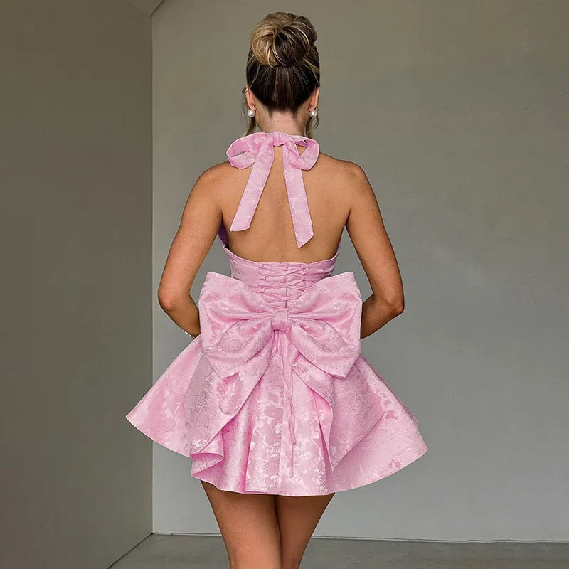 Women's Bow Deep V Halter Backless A-line Dress