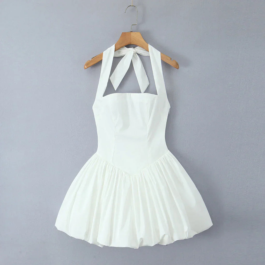 Bow Halter Slash Collar Lacing-Up Back Mini Dress
