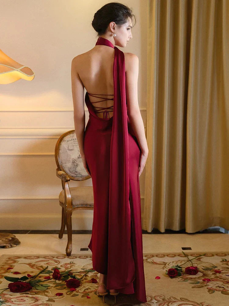 Satin Backless Halter Ribbon Black Maxi Dress