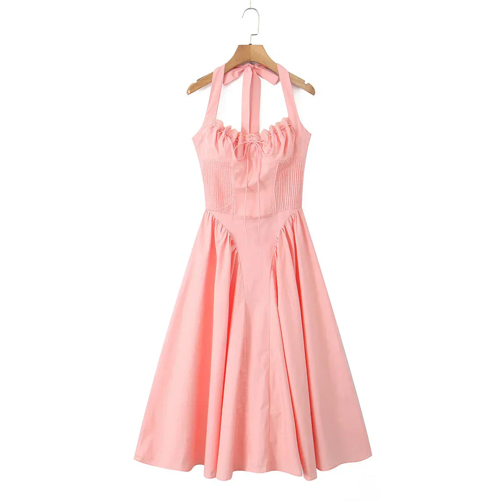 Corset Style Bow Halter Spliced Lace Midi Dress