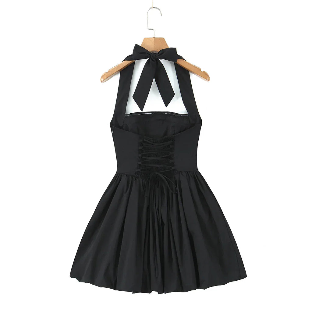 Bow Halter Slash Collar Lacing-Up Back Mini Dress