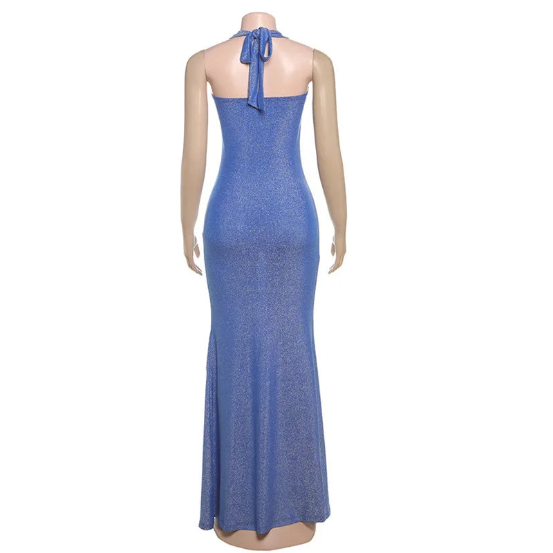 Halter Neck Bodycon Glittering Maxi Dress