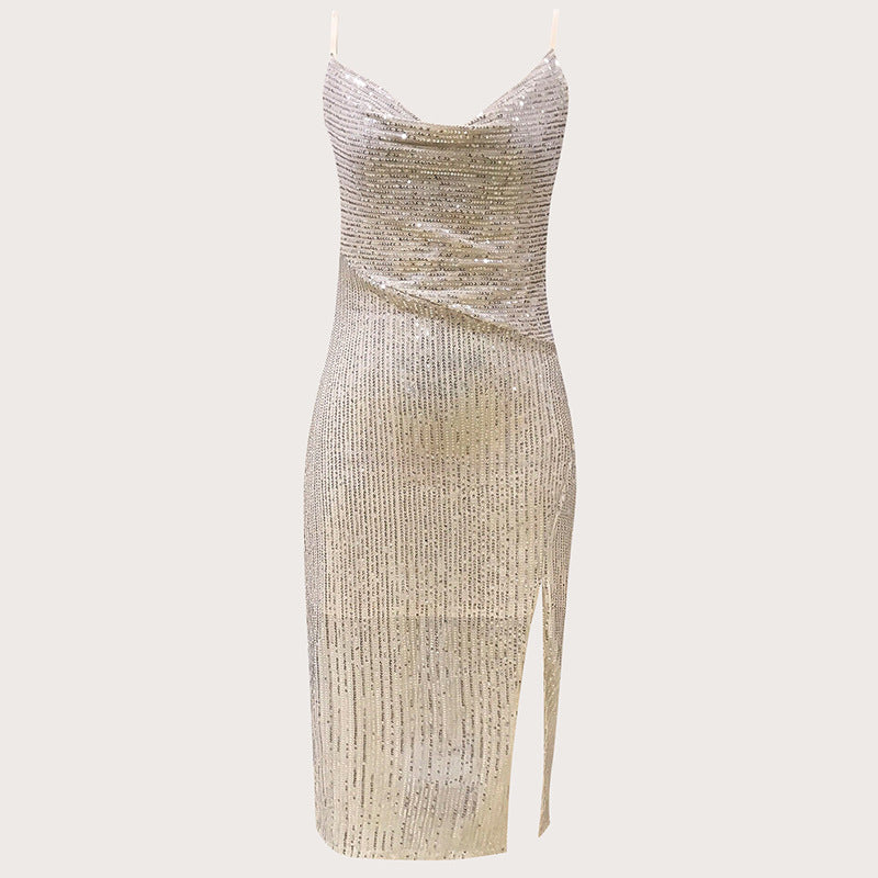 Bling Sequ Dress High Slit to Thigh Drape Halter Dress Cocktail Dress