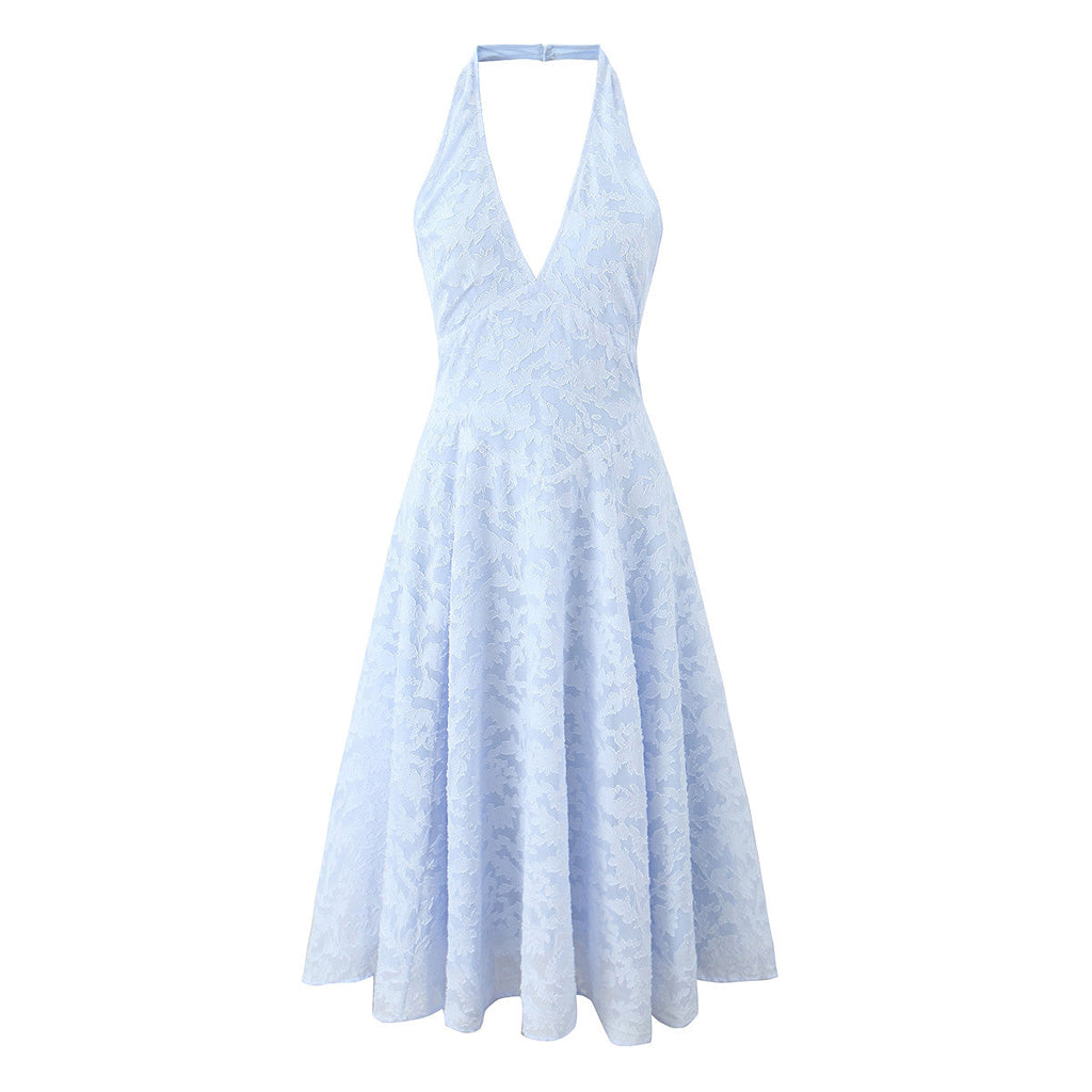 V- neck Halter Waist Controlled Slimming French Midi Dress