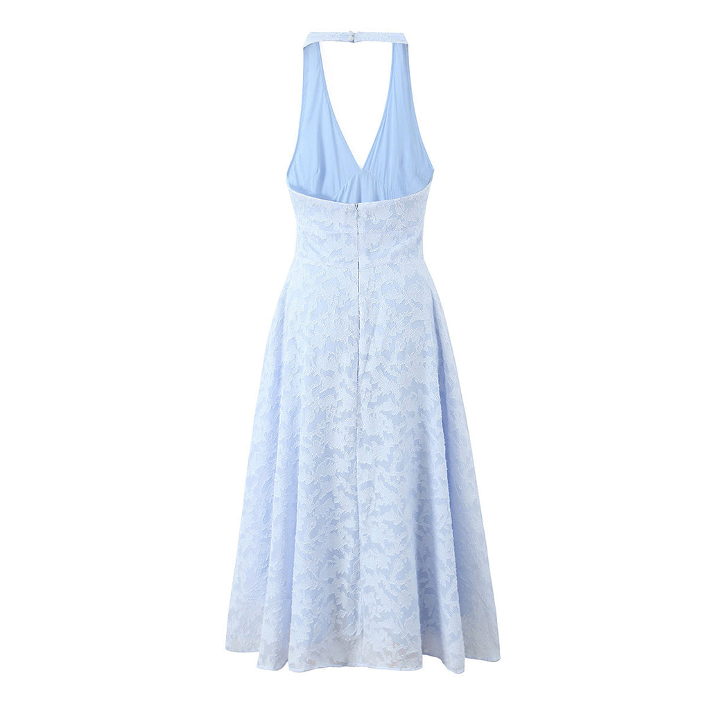 V- neck Halter Waist Controlled Slimming French Midi Dress