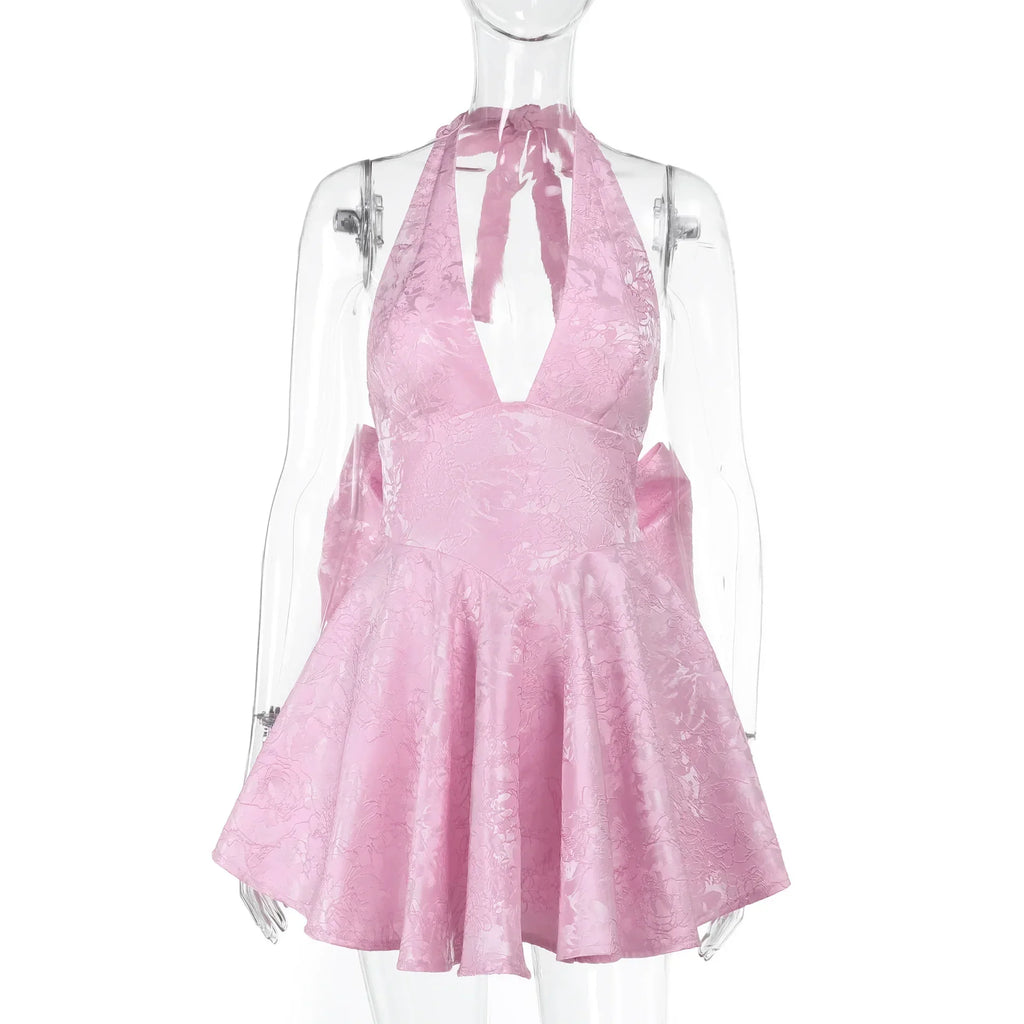 Women's Bow Deep V Halter Backless A-line Dress
