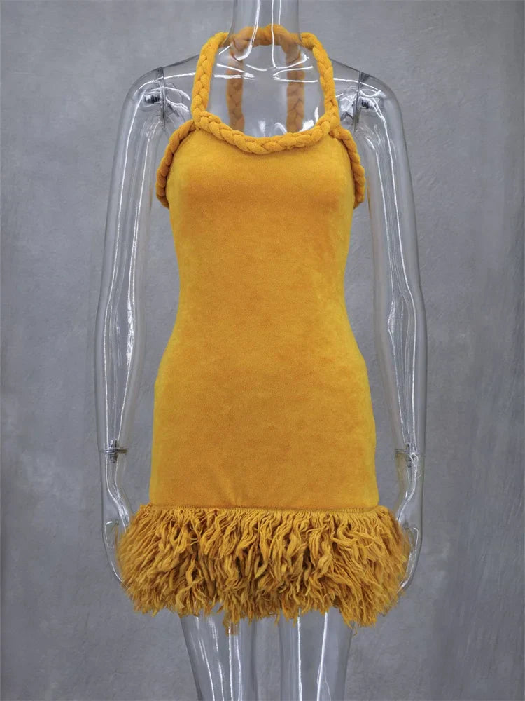 Fluff Patchwork Halter Mini Dress
