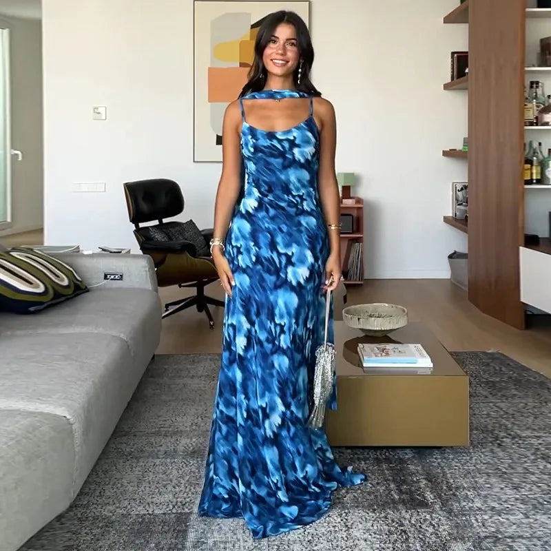Halter Backless Blue Printed Lace-up Long Dress