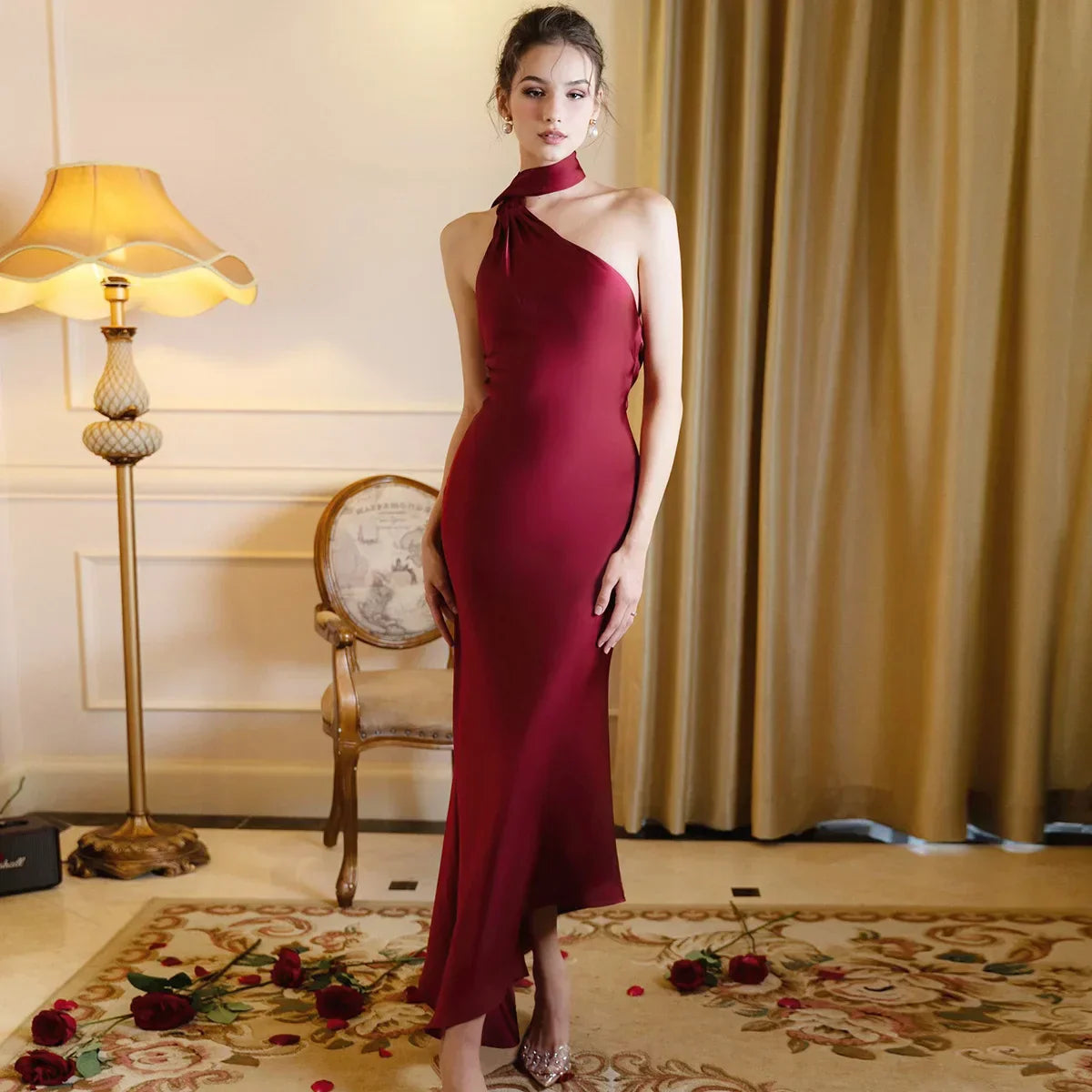 Satin Backless Halter Ribbon Black Maxi Dress