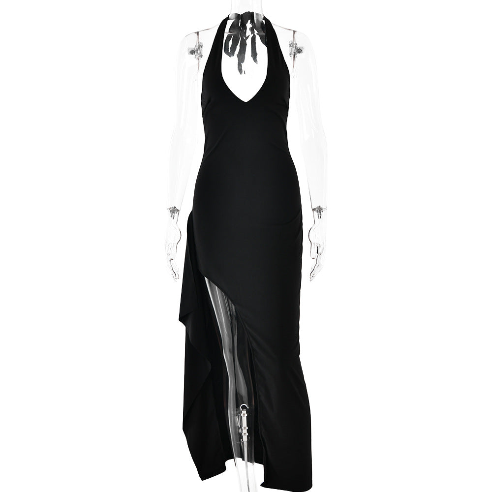 Dress V neck Halter Strap Backless Slit Maxi Dress